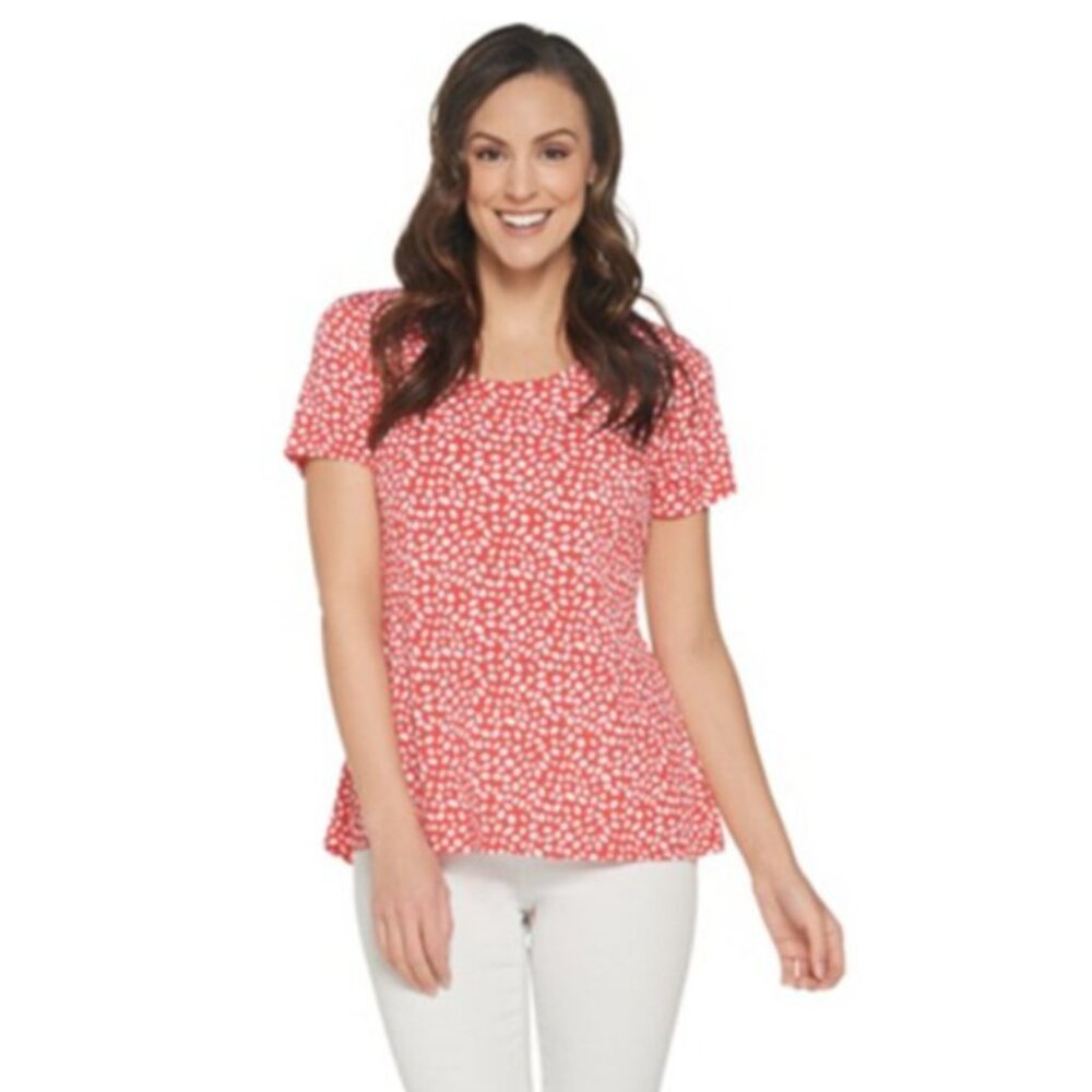 Susan Graver Printed Liquid Knit Short Sleeve U-Neck Top XS